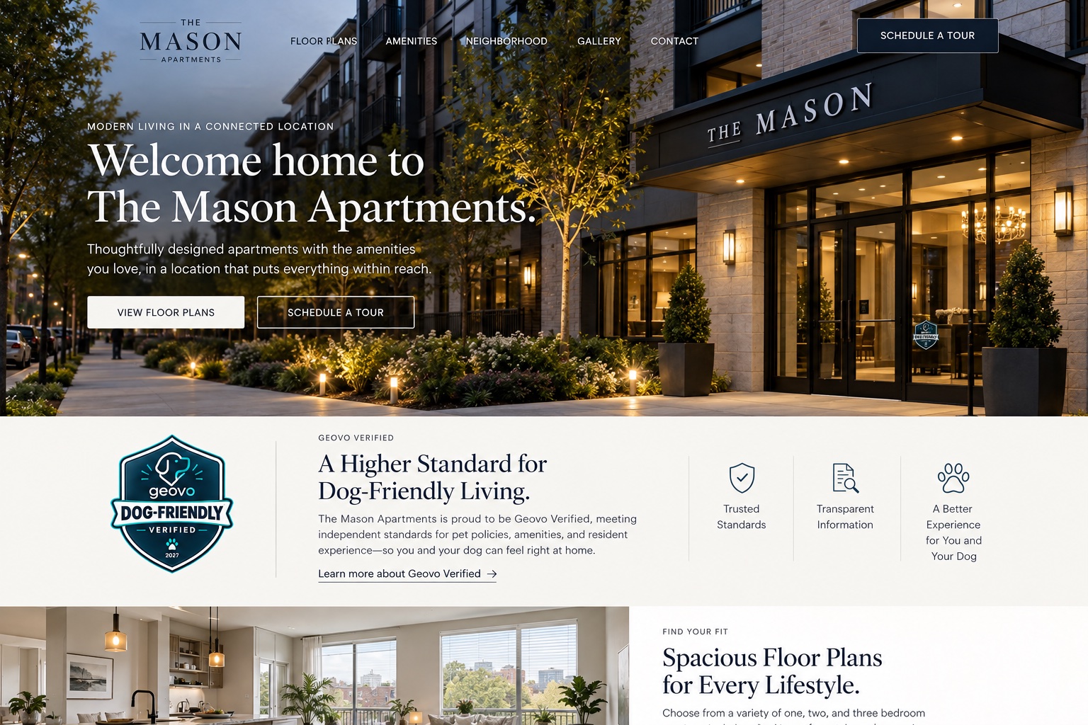 The Mason Apartments' website homepage, with a Geovo Verified band under the hero: the badge, 'A Higher Standard for Dog-Friendly Living', and a link to learn more