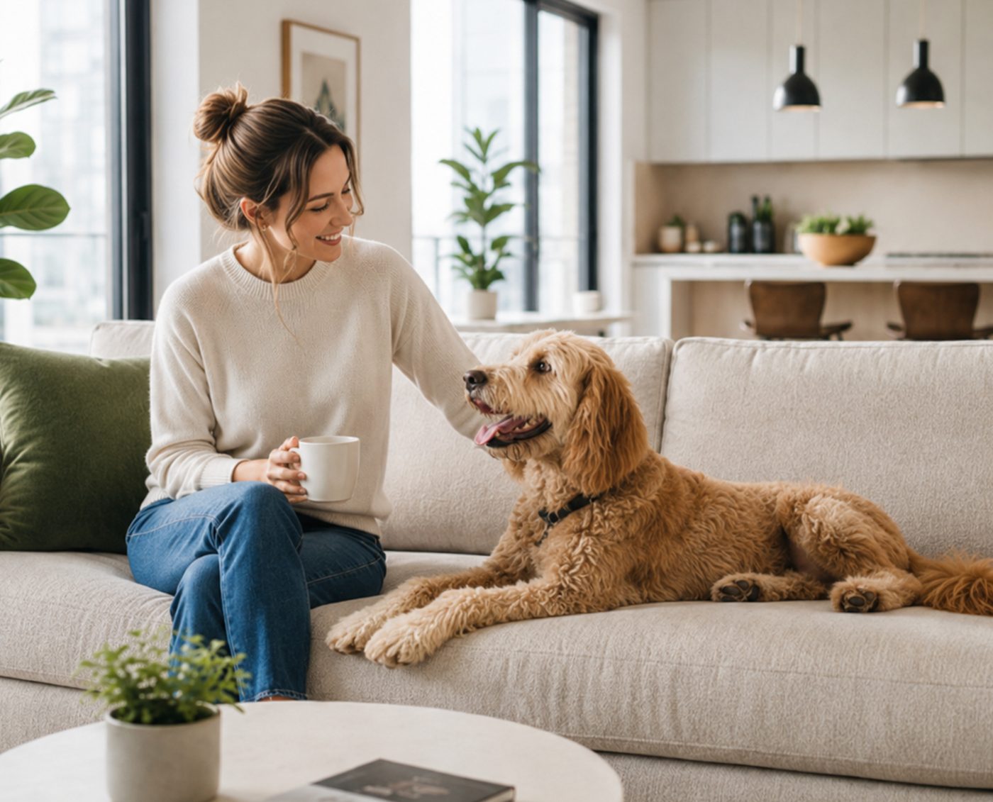 A renter sharing coffee with her dog on the couch in a bright, dog-friendly apartment